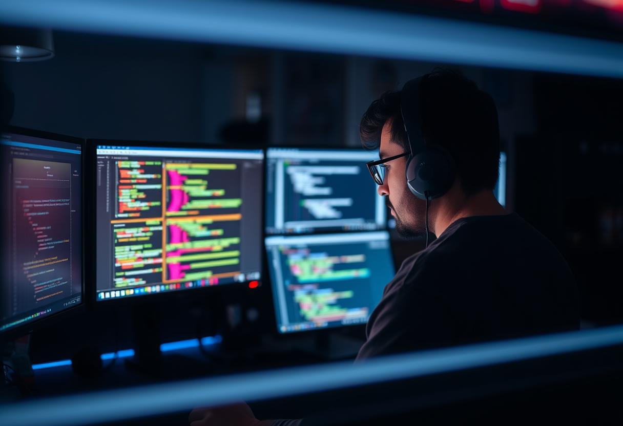 Software developer working with multiple monitors